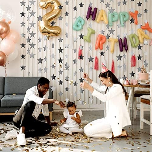 Udewo 52 Feet Reflective Star Paper Garland, Glitter Star Bunting Banner Hanging Decoration Twinkle Little Star Party Garlands Star Garland Streamer Kit For Birthday Wedding Banner Backdrop (Silver)