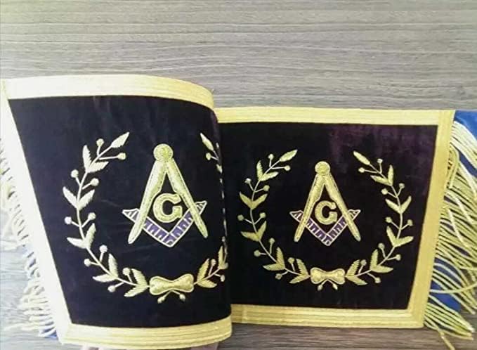 Generic Masonic Apron, Purple, Master Mason Apron with Purple Cuffs and Velvet Back Chain Collar, Hand Embroidered, 14 x 16 Inches