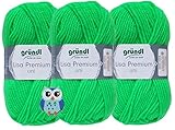  3x50 Gramm Gründl Lisa Premium Uni aus 100% Polyacryl Häkelgarn Schulgarn + 1 Eulen Knopf (29 Neon Grün)