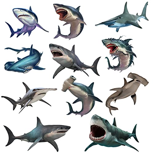 11 Pcs 3D Large Shark Wall Decal Stickers, Ocean Animal Under The Sea Wall Decal Stickers, Peel And Stick Removable Sea Creature Shark Stickers For Kids Room Playroom Bathroom Baby Nursery Wall Decor #TOP10