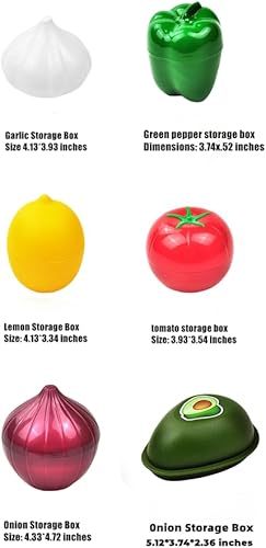 Miniatura 4 de Juego de 6 recipientes de almacenamiento de frutas y verduras, protector de pimienta verde, aguacate, cebolla, ajo, tomate y limón, soporte para