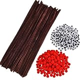 Größeninformation: der rote Bommel ca. 1 cm im Durchmesser, sieh süß und klein aus; Braune Pfeifenreiniger sind jeweils 30 cm lang und haben einen Durchmesser von 6 mm. Die Wackelaugen sind ca. 1 cm Durchmesser, richtige Größe für Heimwerkerzwecke