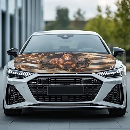 Image of Car Hood Cover Horse American Flag Car Hood Wraps Auto Banner Stretchable Auto Decorative Accessories for Compact Sedans SUV Trucks (59x39 Inch)
