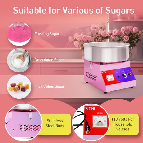 HTTSICHI Cotton Candy Machine - Cotton Candy Machine Commercial w/ 15 inch Stainless Steel Bowl, Sugar Scoop, Cotton Candy Maker for Home, Party, 1000W Hard Candy Cotton Candy Maker for Birthday
