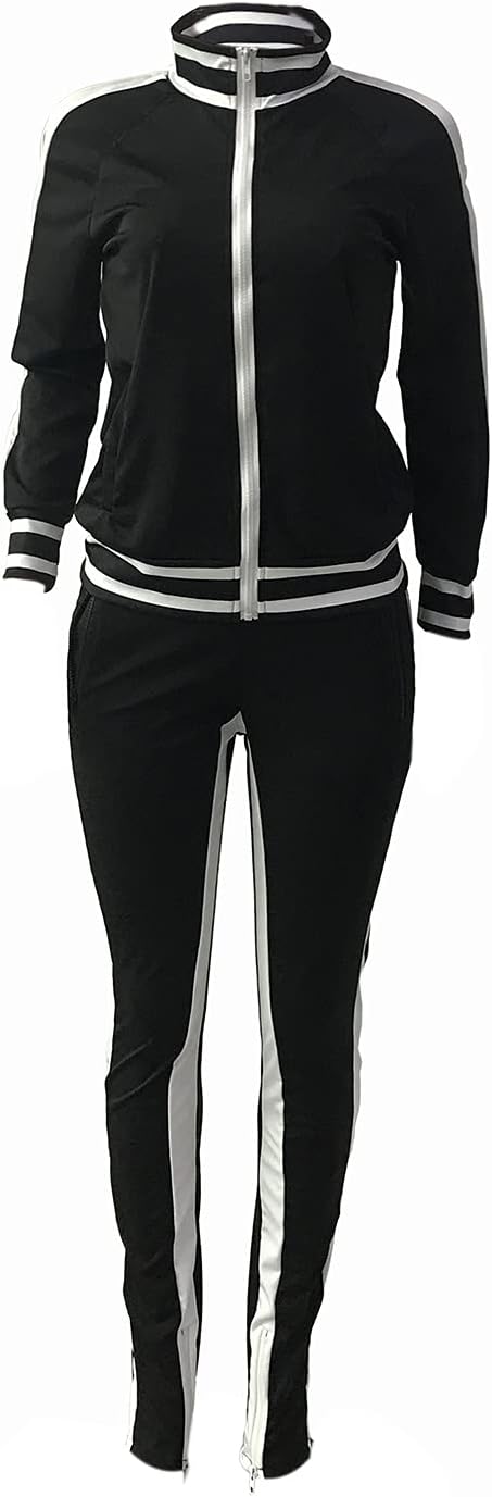 Bornpom Women 2 Piece Outfits Striped Patchwork Color Block Jackets Bodycon Side Slit Long Pants Tracksuit Sets - Image 3