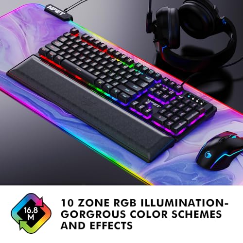 NPET K10V3 Wired Gaming Keyboard and Wrist Rest, RGB 10 Zone Backlit, Spill-Resistant Design, Quiet Silent USB Membrane Keyboard and Wrist Support for Desktop, Computer, PC (Black)