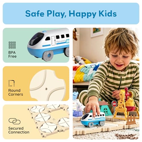 Image of PicassoTiles 74PC Train Track Builder Rotating Reversible Engineering Playset w /Vehicle & Decorative Accessories Car Racetrack Building Block Construction Set Road Game STEM Learning Toy Age 3+ PTR23
