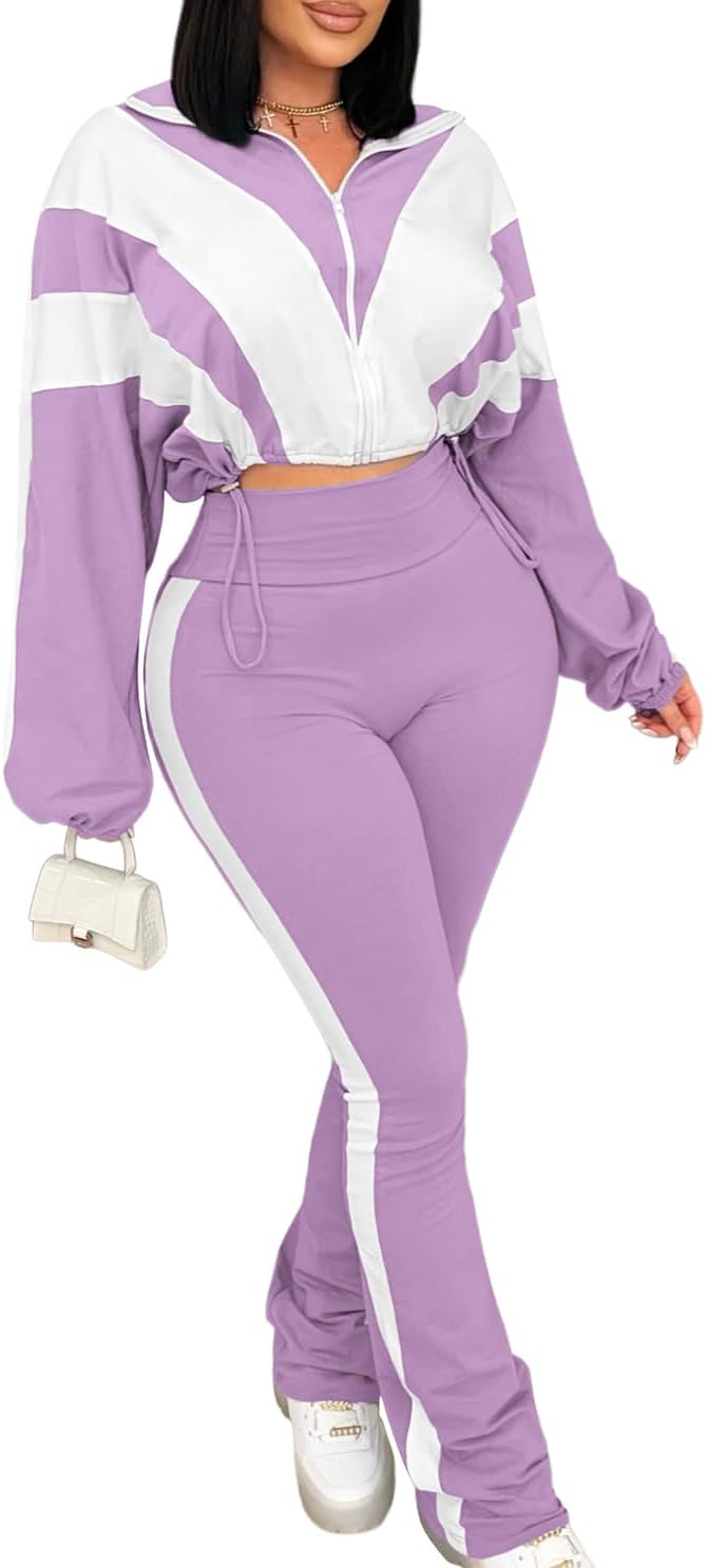 Vssjavun Women 2 Piece Outfit Color Block Long Sleeve Zip Drawstring Cropped Jacket Bodycon Long Pants Set Sweatsuit