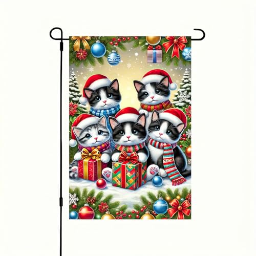 Image of BlissYard Christmas Cat Garden Flag 12x18 Inch Polyester | Double sided polyester, Christmas kittens santa hats boxes design, cozy cat lover decor for holiday porch and yard