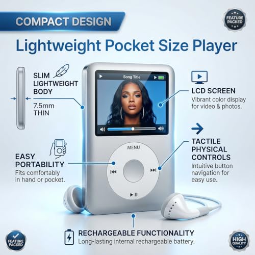 Image of Drumstone Pocket Size MP4 Player with LCD Display, Portable Music & Video Player, Lossless Audio, Supports Up to 64GB Micro SD Card, Silver