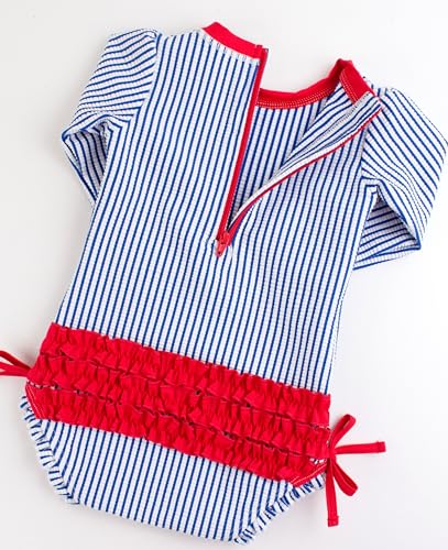 Image of RuffleButts Baby-Girls Seersucker Long Sleeve Rash Guard - One Piece Swimsuit UPF 50+ Toddler