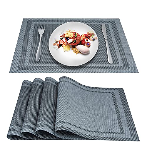 ARTAND Placemats Set of 4, Woven Placemats for Dining Table, Boho Decor Plastic Table Place Mats, Vinyl Table Mats for Indoor Outdoor Silver Grey Frames