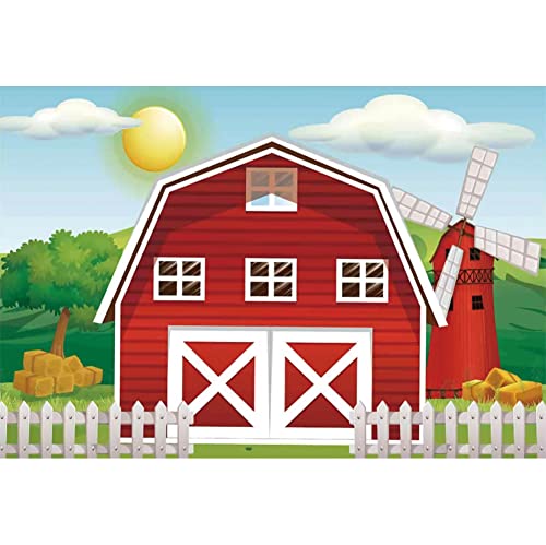 Haoyiyi 10X8Ft Happy Birthday Background Cartoon Red Barn Farm Green Grass Trees Fence House Wildmill Backdrop Photography Photo 1St First Princess Favors Party Photo Booth Studio Prop #TOP3