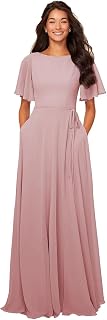 Chiffon Modest Bridesmaid Dresses A Line Bateau Neck Flutter Sleeve Formal Evening Gown with Pockets