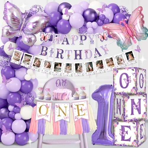 Decoraciones para Cumpleaños: Mariposas y Arco de Globos, Caja de Globos, Banner para Trona, Banner con Foto, Adorno para Pastel