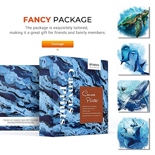 Bontalc Wathet Blue Bathroom Decor 4 Pcs Framed Wall Art Turtle Dolphin Whale Manta Canvas Pictures Coastal Ocean Life Painting Living Room Bedroom Home Decoration 12×12 Inches #TOP6