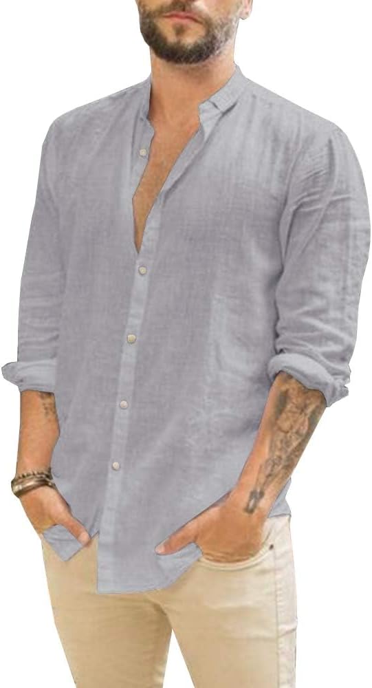 Makkrom Men Linen Shirt Button Down Long Sleeve Cotton Beach Band Collar Casual Summer Shirts