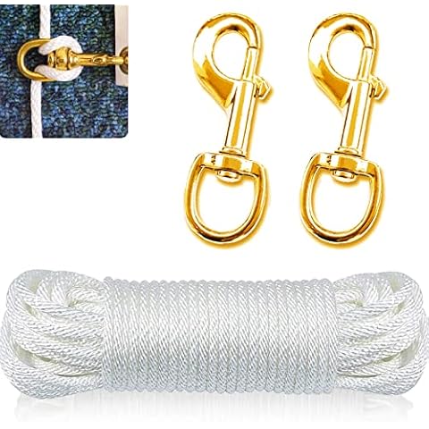 Huouo 50 FT Flagpole Halyard Rope + 2 Pcs 3.5" Flag Swivel Snap Clips - Flag Pole Hardware Accessories Kit Rope with Eye Bolt Gold Hooks Cover