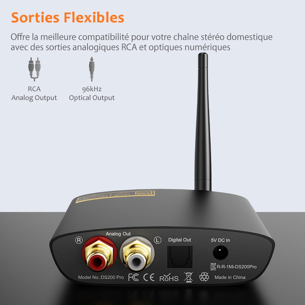 1Mii DS200Pro HiFi Récepteur Bluetooth 5.3 avec DAC Audiophile, LDAC Adaptateur Audio sans Fil pour Chaîne Stéréo, aptX HD/LL, Longue Portée, Diffusion de Musique vers Haut-parleurs, RCA Optique