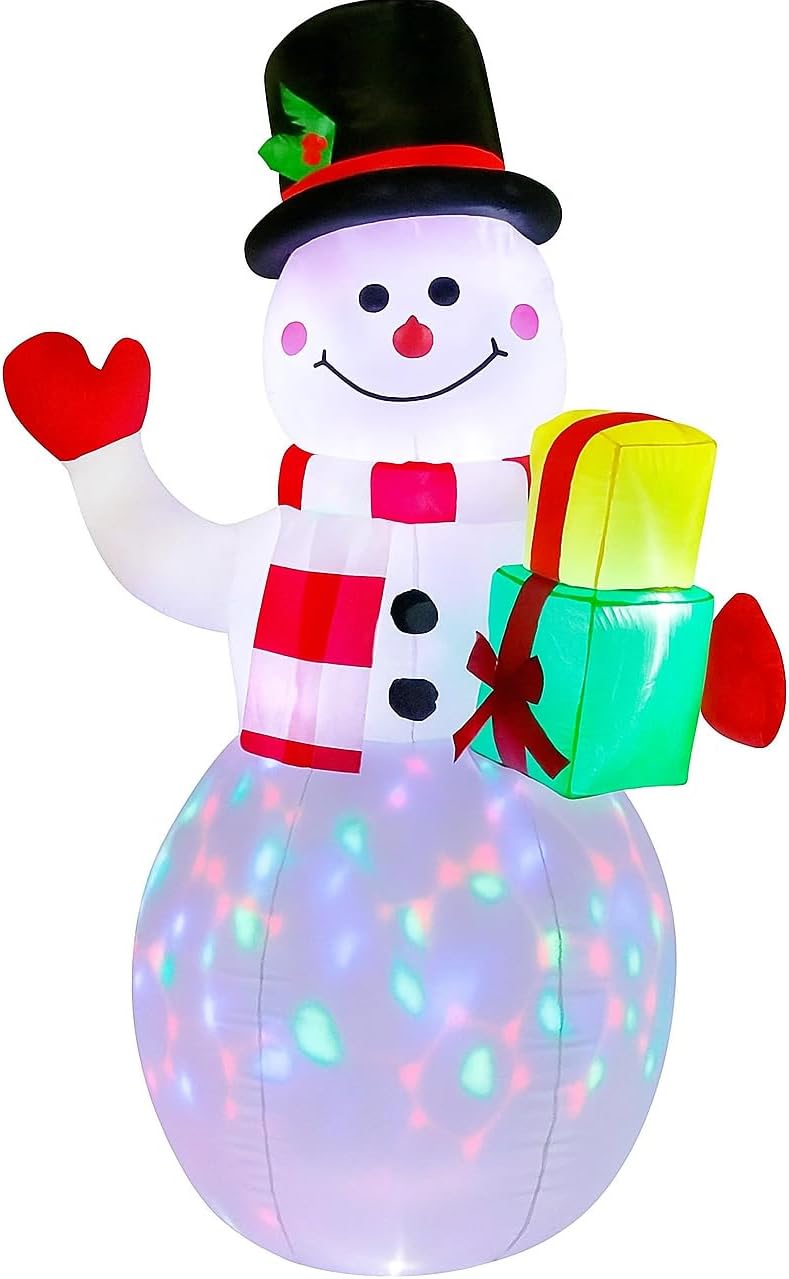 Holiday Spirit 6FT LED Inflatable Christmas Snowman with Gift Boxes, Outdoor Yard Decoration, Color-Changing Lights, Top Hat, Holiday Decor