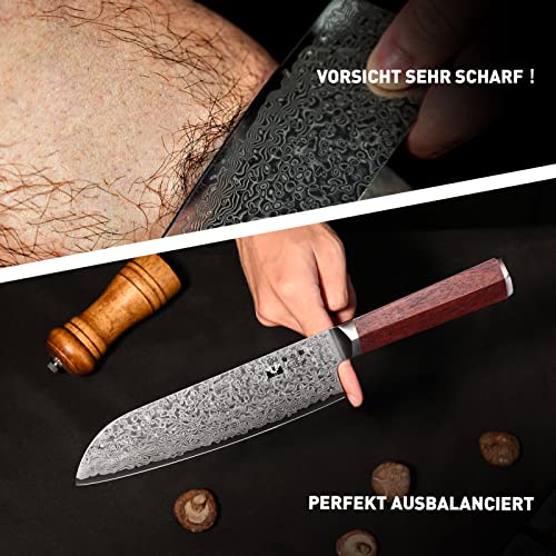 Foto von FUJUNI Damastmesser Santoku Messer damast Mit Extrem Scharf 18 cm Klinge Aus 67 Lagen VG-10 Damaststahl Küchenmesser Scharf Messer, Holzgriff, Geschenkbox