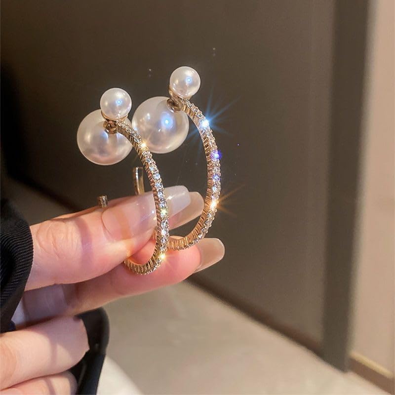 Rhinestone Gold Hoop Earrings Large CZ Diamond Hoop Earrings Faux Pearl Front Back Earrings Elegant Pearl Hoop Earrings Vintage Pearl Ear Jacket Earrings Bridal Jewelry for Women - Image 5