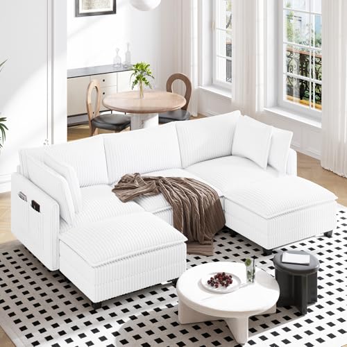 Image of Vesgantti 109 inch U Shaped Cloud Sectional Sofa, Comfy Corduroy Upholstered Sectional Modular Sofas for Living Room, Modern Modular Couch with 2 Ottoman Deep Seat, Warm White
