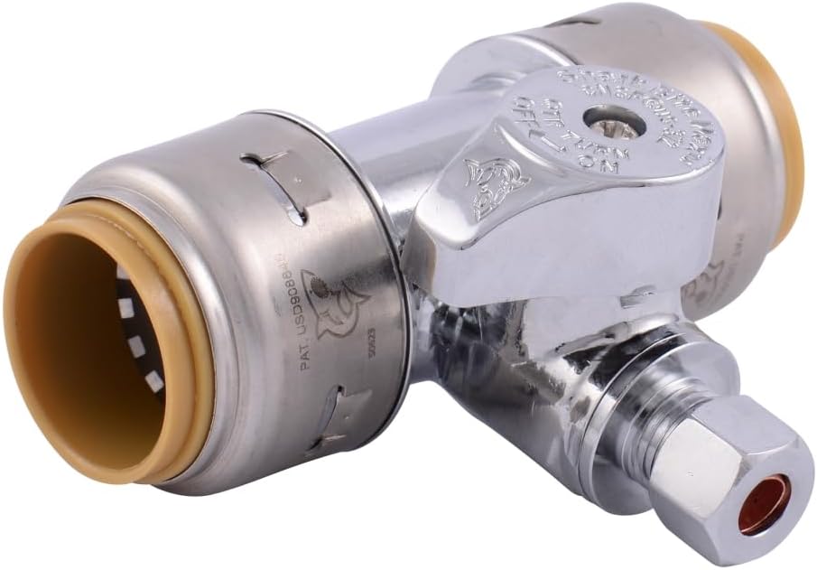 SharkBite Max Tee Stop Valve, 3/4 x 3/4 in Push-to-Connect x 1/4 in Compression, Brass Plumbing Fitting, Chrome Finish, UR24985A