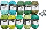 10x50g Schachenmayr 10x50 Gramm Catania Häkelgarn Set Bunt Mix Mischung + 5 Strasssteine zum aufnähen (Grünmix)