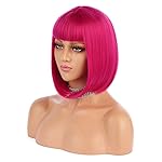 eNilecor Short Bob Hair Wigs 12 Straight with Flat Bangs Synthetic Colorful Cosplay Daily Party Wig for Women Natural As Real Hair+ Free Wig Cap(Hot Pink)