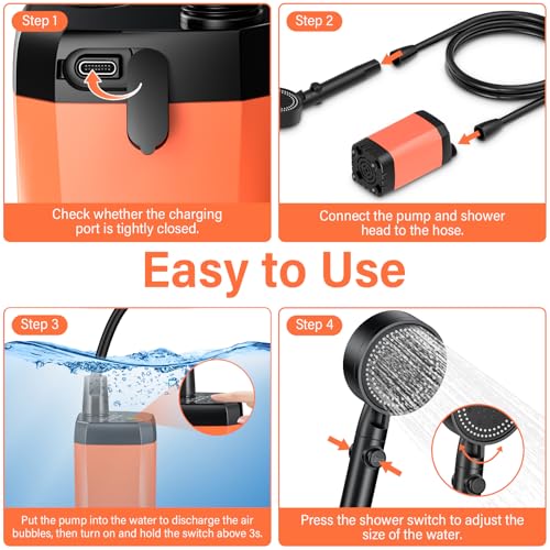 Rsaoty Campingdusche mit Pumpe, 3000mAh Campingdusche Akku Camping,Mobile Duschen Außenduschen mit 20L Klappbarer Eimer, Duschkopf und 2M Schlauch,für Garten, Strand,Haustier,Autowaschen,Reisen 5