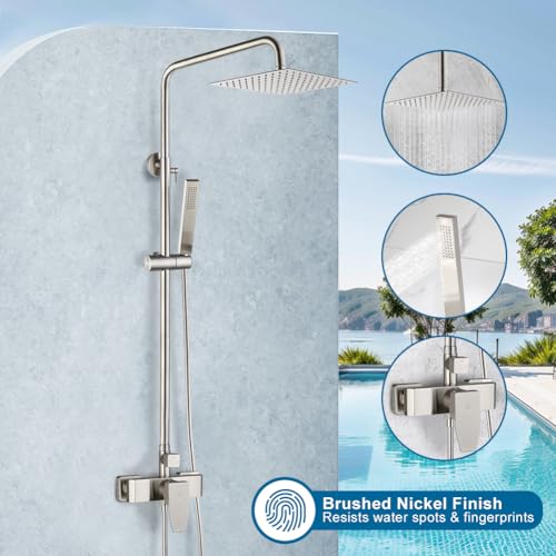 Kit de ducha exterior Brushed Nickel con grifería de una sola manija, montaje en pared, alta presión, sistema con ducha de 8 pulgadas y rociador manual combinado miniatura 2
