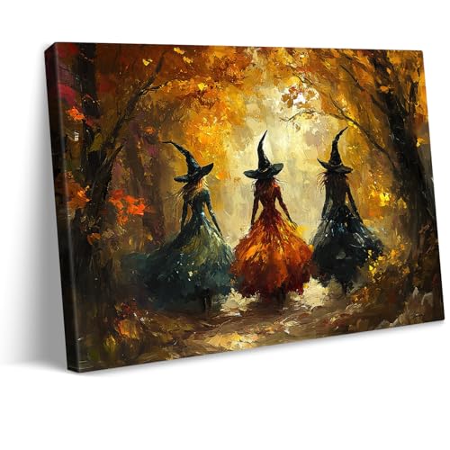 vandlife Halloween Canvas Wall Art Trio of Witches in Flowing Teal Red Black Dresses Sunlit Autumn Forest Path with Golden Leaves Oil Painting Prints for Living Room Home Decor Framed 24x16in