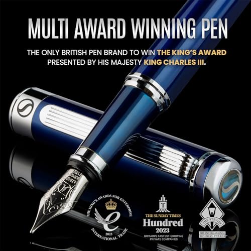 Image of Scriveiner Personalized Midnight Blue Fountain Pen - Stunning Blue Lacquer Luxury Pen, Chrome Finish, German Schmidt Nib (Medium), Best Engraved Pen Gift Set for Men & Women, Name Engraving