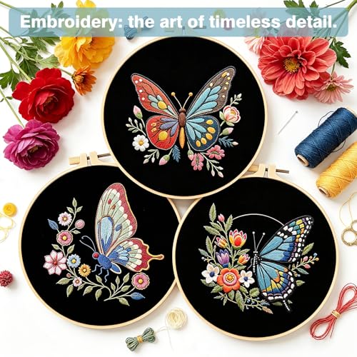 Image of RidaaFri Embroidery Kit for Beginners, 3 Pk Stamped Butterfly DIY Craft Supplies with Hoop, Needles, Floss, Video, Complete Starter Kit for Learning Embroidery, Hobby Gift