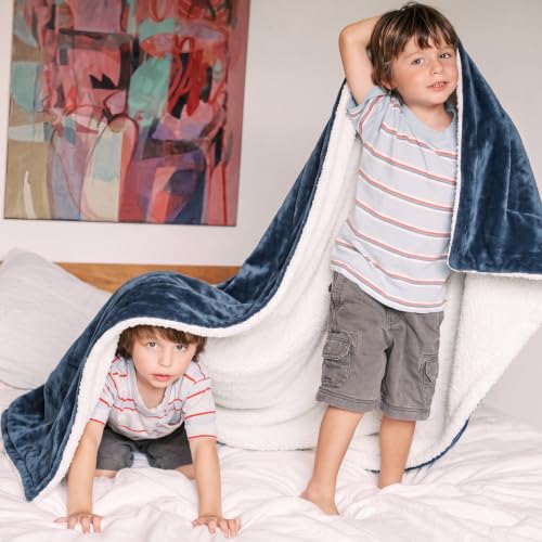 Image of Bedsure GentleSoft Sherpa Fleece Blanket Queen Size for Bed, Non-Heated, Thick and Warm Throw for Women and Men, Soft Fuzzy Plush Queen Blanket for Winter, Slate Blue, 90x90 Inches
