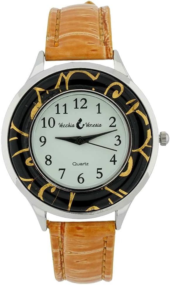 Glass Of Venice Gold Leaf Murano Glass Watch with Leather Band - Light Brown