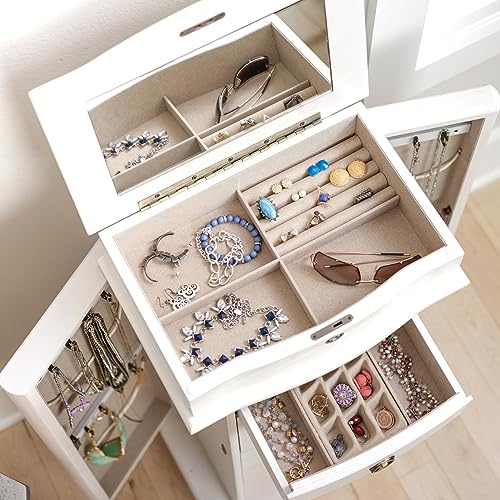 Hives and Honey Nora Jewelry Armoire Cabinet with Mirror – 7 Drawers, Locking Top, Necklace Hooks, Anti-Tarnish Felt – Traditional Standing Jewelry Organizer for Women, White4