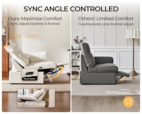 Image of Oversized Modular Power Recliner Sofa Wall Hugger, Cloud Reclining Couch with Headrest, Storage Ottoman, Drawer Charging Cup Holder, Deep L-Shaped 6 Seater with Dual Electric Recliner, Chenille, White