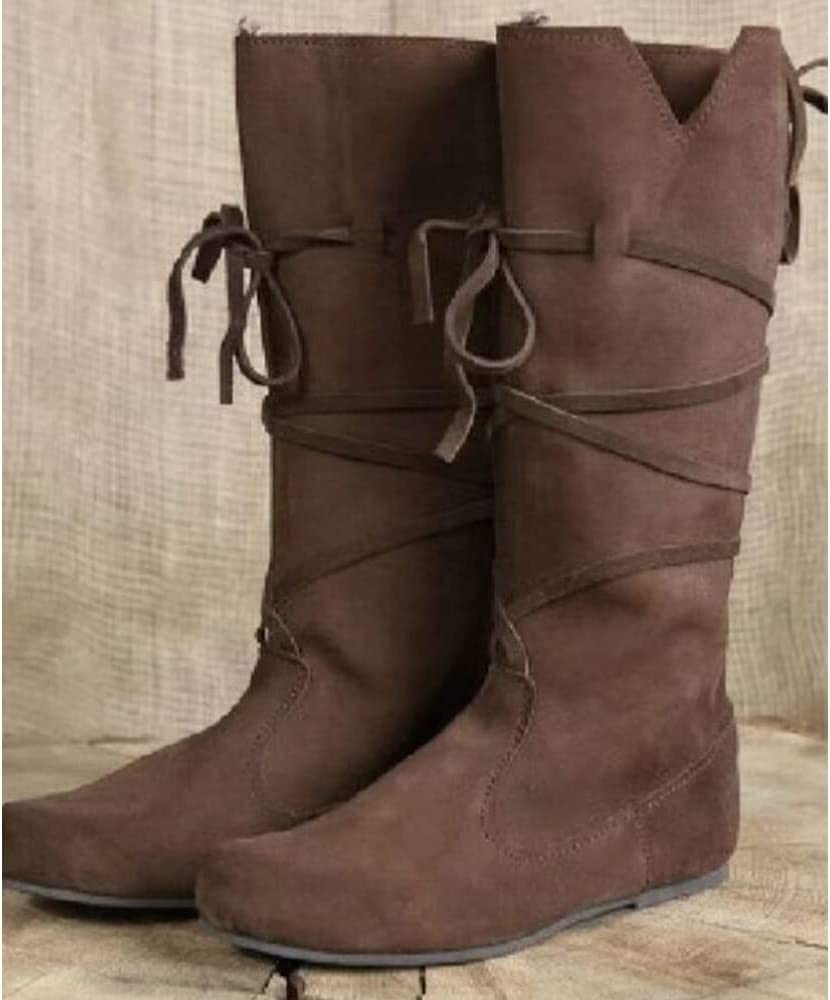 PU Leder Stiefel - Low Heel Mid Tube Ritter - Renaissance Mittelalter Cosplay für Karneval Party, Braun, 45