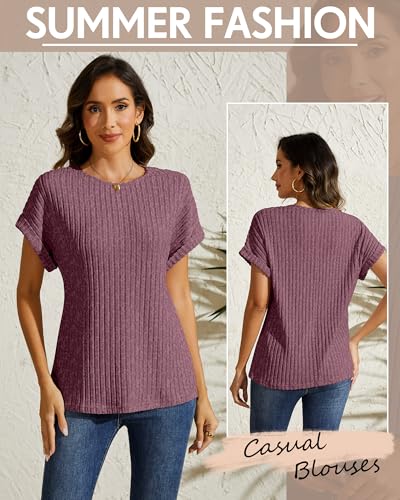 3 Pack Women Summer Sweaters Tops Crew Neck Short Sleeve Ribbed Knit T Shirts Dressy Casual Business Tunic Blouses2