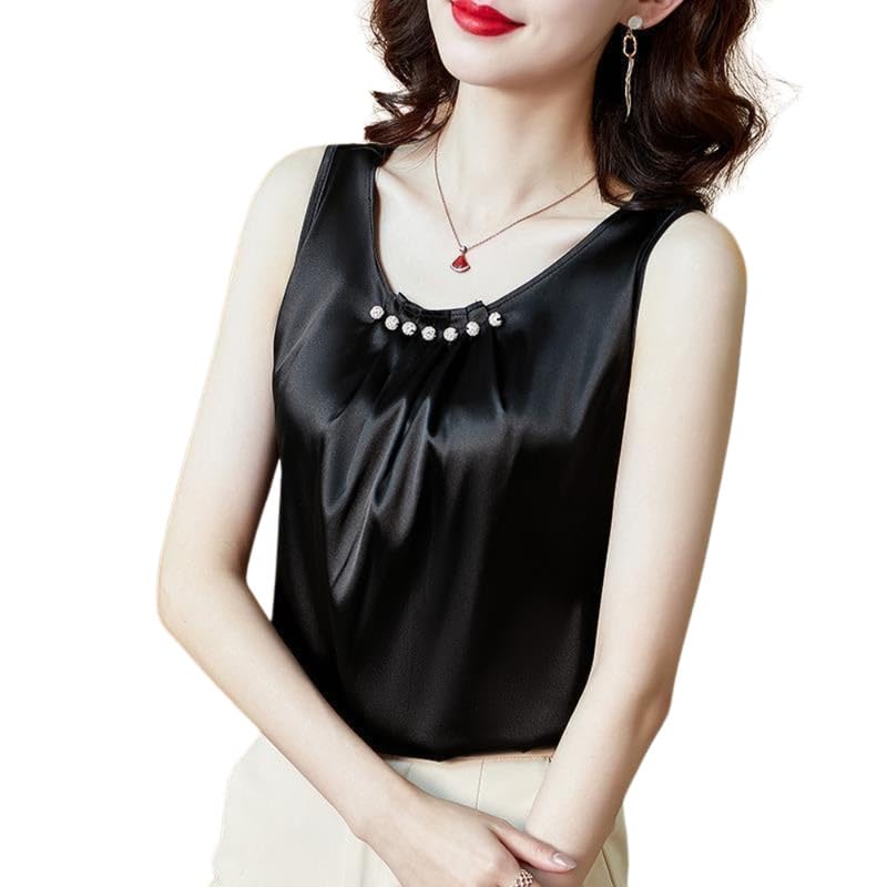 Women?s Ice Silk Sleeveless Top Round Neck Satin Pleated Vest Solid Color-image-40