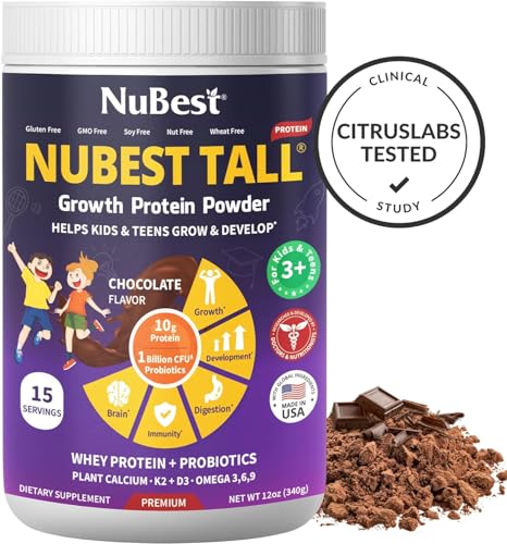 Image of NuBest Tall Protein Powder for Kids & Teens - Whey Protein Powder - Chocolate Protein Powder Shake with Probiotics, Omega 3-6-9, Vitamin D3 + K2, Calcium, Vitamin - 15 Servings | 2 Week Supply