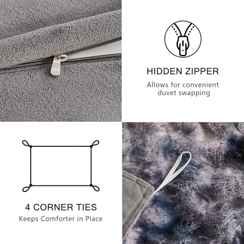 Image of EMME Faux Fur Duvet Cover King Size, 3 Pieces Ultra Soft Fluffy Comforter Cover, Cozy Warm for Winter, Luxury Shaggy Bubble Design Bedding, 1 Duvet Cover & 2 Pillow Shams (King, Tie Dye Dark Grey)