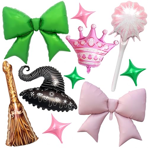 10Pcs Witch Party Party Balloons/Green Pink Bow Crown Sparklers Wizard Hat Broom Foil Balloons/Wick*ed Birthday Party Supplies/Magic Wizard Birthday Enchanted Fantasy Magical Celebration