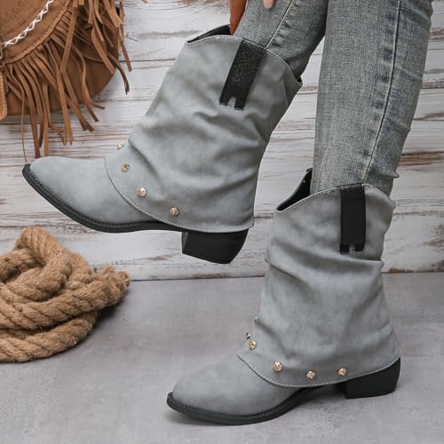 DIYCAM Women's Foldover Rivet Biker Shoes Cowboy Fold-Over Cowgirl Knee-High Boots Pointed-Toe Block Heel Trendy Boot2
