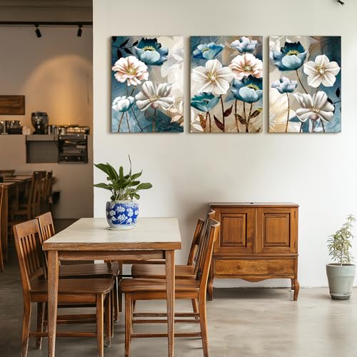 SERIMINO Large Canvas Wall Art for Living Room, Blue Floral Pictures Wall Decor for Dining Room Bedroom Bathroom Kitchen 3 Pieces Lotus Flower Print Painting for Home Decorations 20"X28"