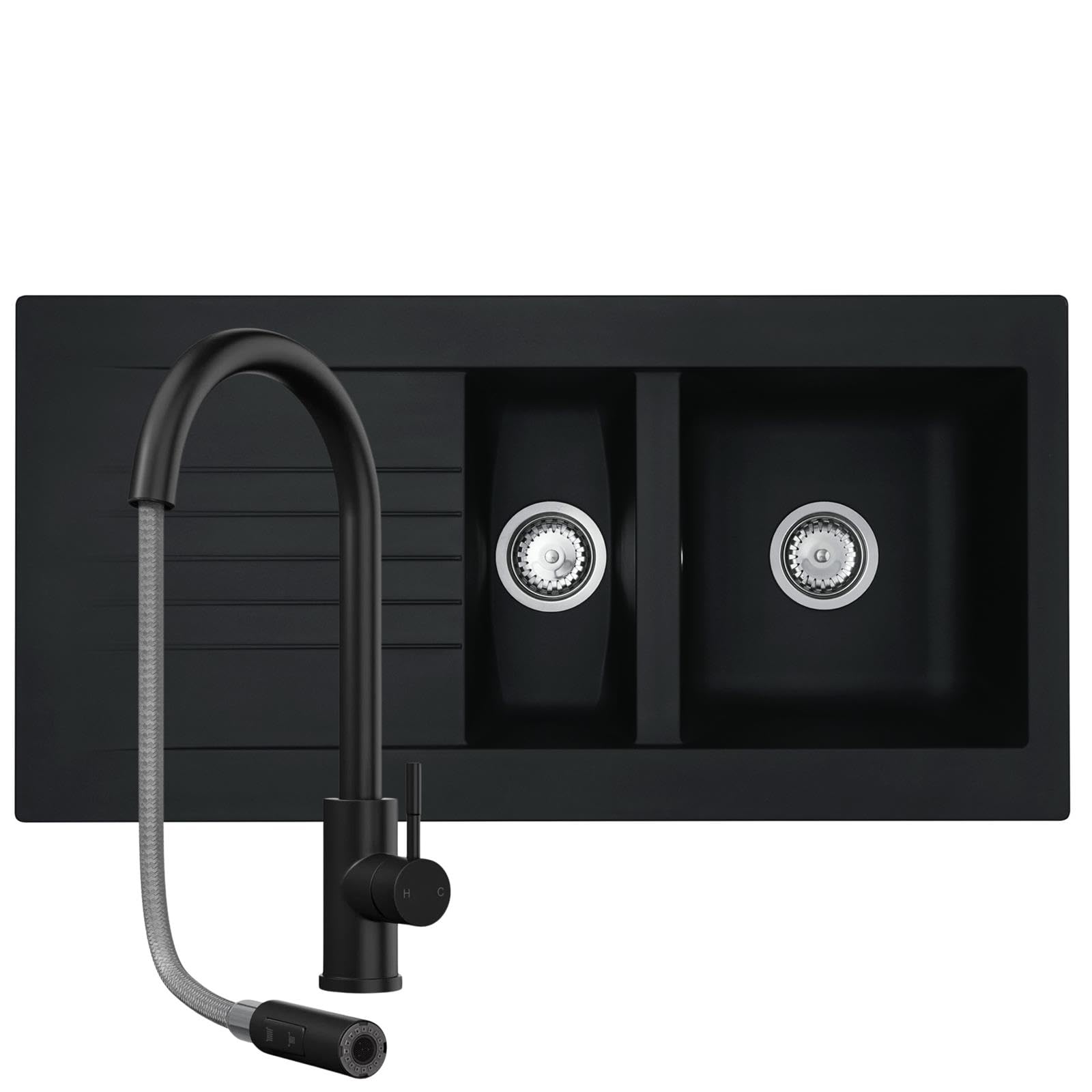 B&Q -  Kav150Bl 1.5 Bowl Composite Black Kitchen Sink And Ct453Mb Black Tap