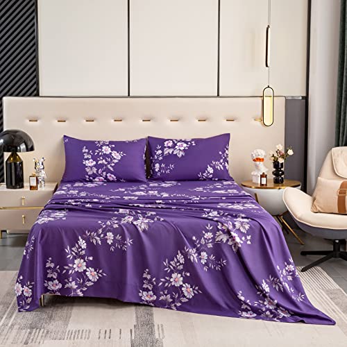 Bedlifes King Sheet Set Ultra Soft, Breathable, Silky Flower Deep Pocket 100% Microfiber Bedding, 4 Piece King Size Dark Purple Floral