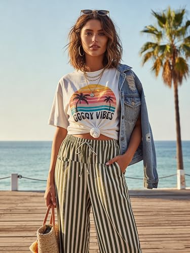 Image of MISSACTIVER Women Drawstring Striped Pants Loose Wide Leg Trousers Casual Low Waist Pants Comfy Lounge Pants with Pockets